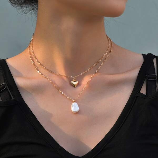

Heart Pendant Layered Necklace, Gold