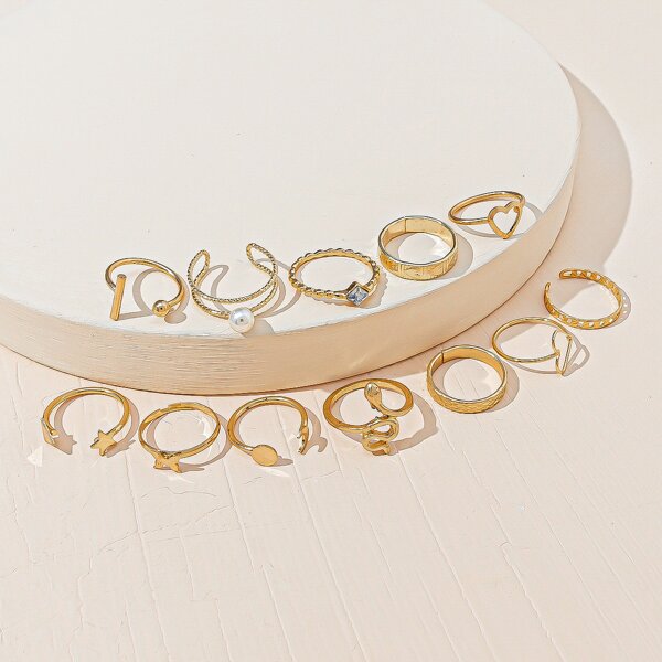 

12pcs Faux Pearl Detail Ring, Gold