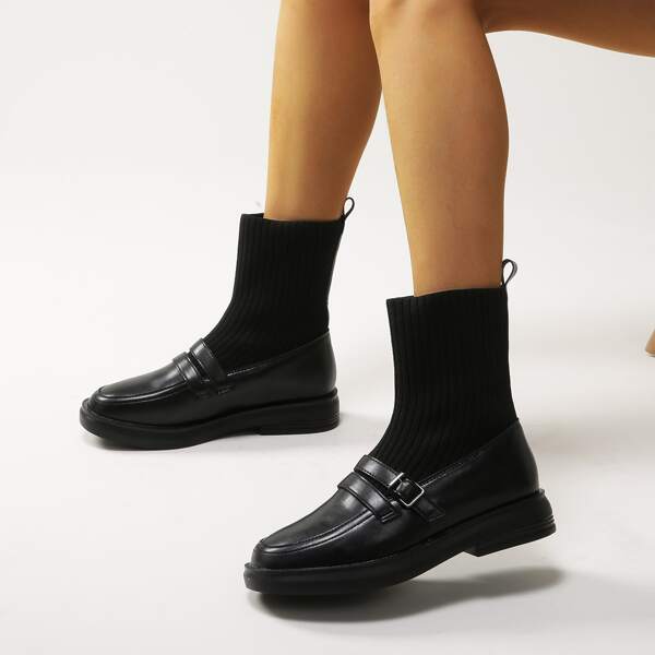 

Minimalist Buckle Decor Sock Boots, Black