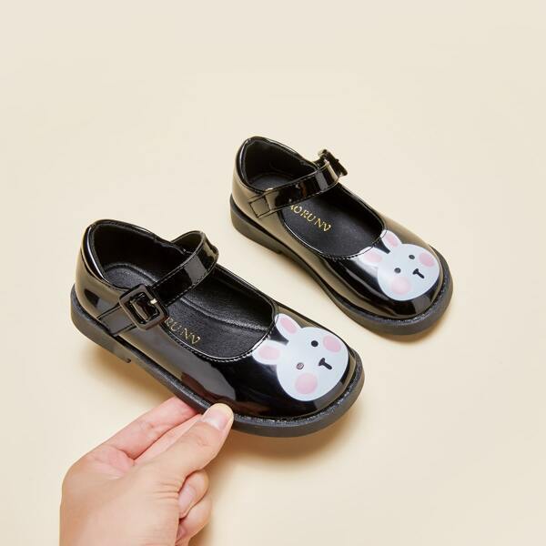 

Girls Cartoon Rabbit Graphic Mary Jane Flats, Black