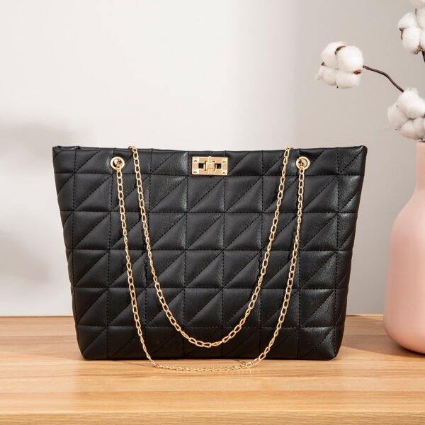 

Minimalist Quilted Chain Tote Bag, Black
