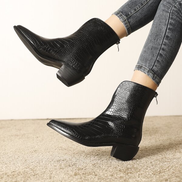 

Crocodile Embossed Back Zip Booties, Black