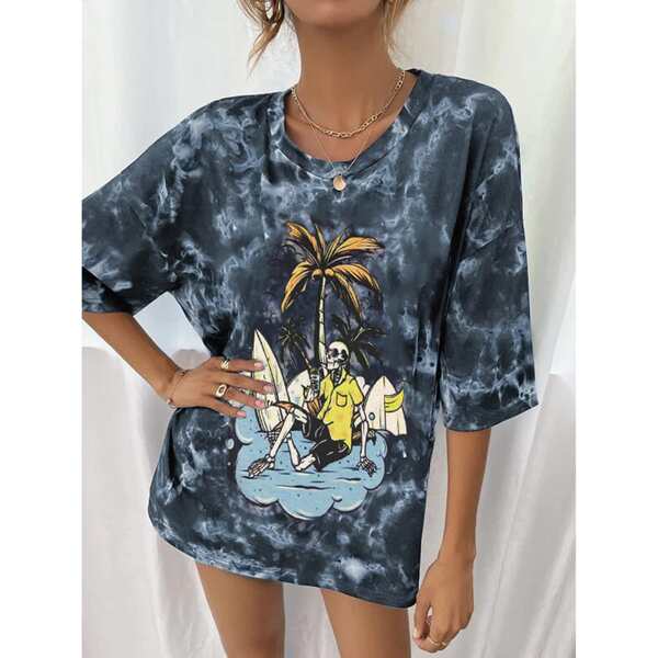 

Tie Dye Skeleton & Palm Tree Print Drop Shoulder Tee, Multicolor