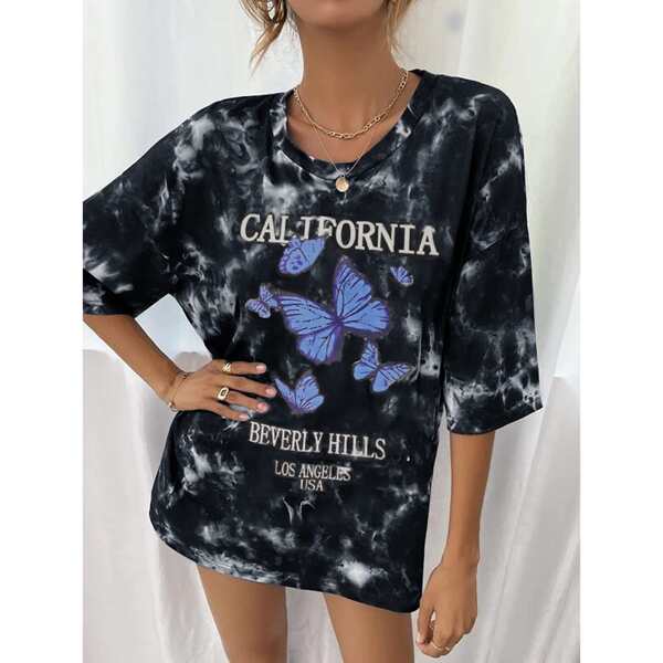 

Tie Dye And Butterfly Print Drop Shoulder Tee, Multicolor