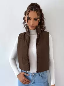 SHEIN Unity Solid Zip Up Puffer Vest - Coffee Brown - View 4