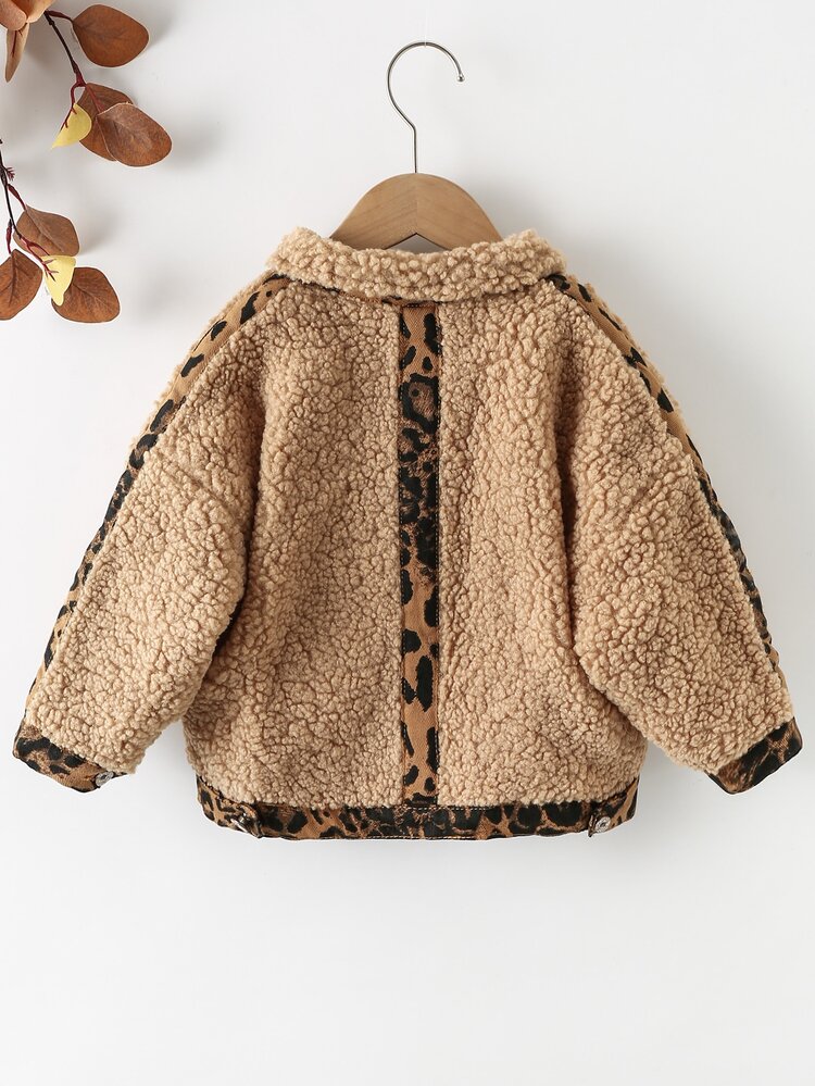 Meninas da Criança Painel Leopardo Ombro Caído Jaqueta de Pelúcia - Marrom Claro - Visão 2