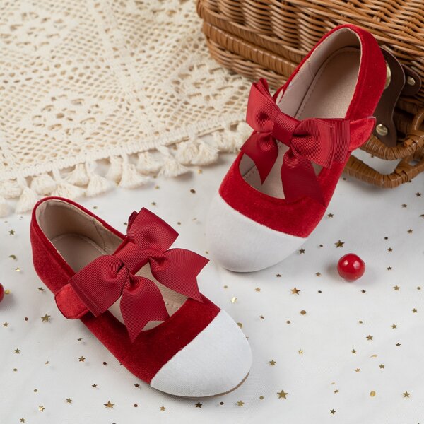 

Girls Colorblock Bow Decor Flat Mary Janes, Red
