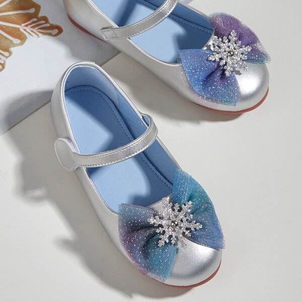 

Girls Bow Decor Velcro Strap Flats, Silver
