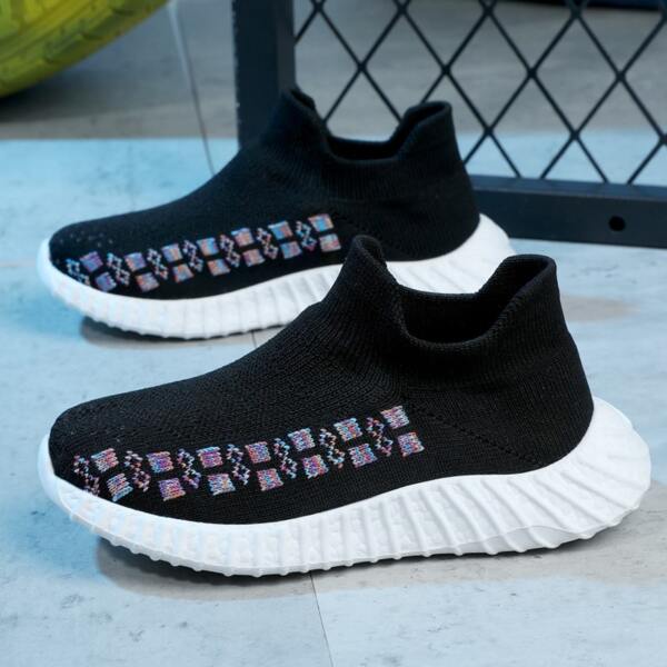 

Boys Geometric Pattern Slip On Knit Sneakers, Black