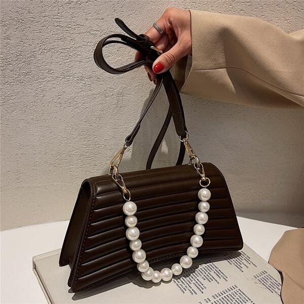 

Faux Pearl Decor Satchel Bag, Coffee brown
