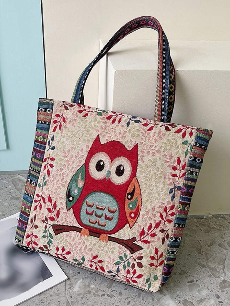 Colourblock Owl & Flower Embroidery Tote Bag - Multicolor - View 1