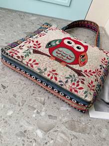 Colourblock Owl & Flower Embroidery Tote Bag - Multicolor - View 3