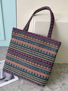 Colourblock Owl & Flower Embroidery Tote Bag - Multicolor - View 4