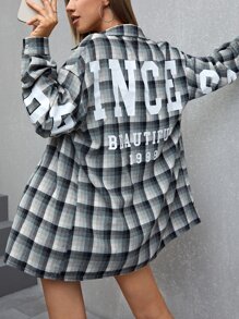 格紋和字母圖案落肩袖襯衫 - 彩色 - 查看 2