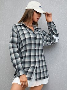 格紋和字母圖案落肩袖襯衫 - 彩色 - 查看 6