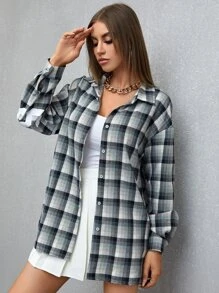 格紋和字母圖案落肩袖襯衫 - 彩色 - 查看 5