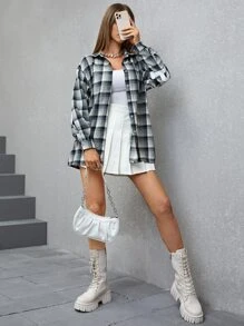 格紋和字母圖案落肩袖襯衫 - 彩色 - 查看 4