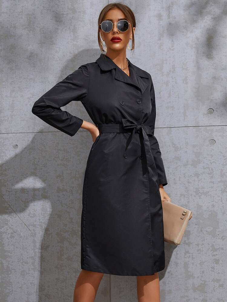 Double Breasted Hidden Pocket Belted Trench Coat - Black - View 6