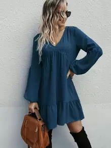 Swiss Dot Bishop Sleeve Ruffle Hem Smock Dress - Navy Blue - View 1