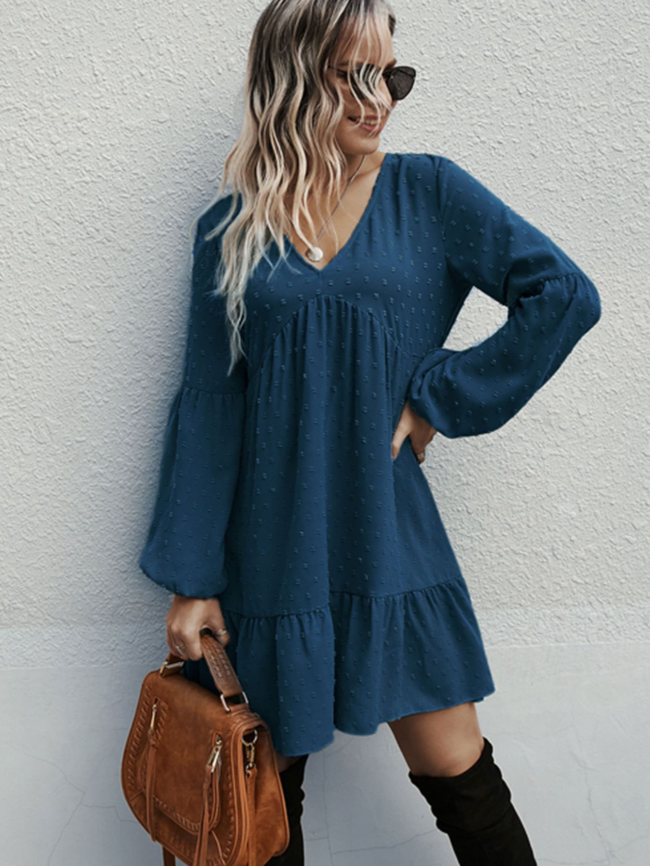 Swiss Dot Bishop Sleeve Ruffle Hem Smock Dress - Navy Blue - View 1