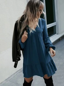 Swiss Dot Bishop Sleeve Ruffle Hem Smock Dress - Navy Blue - View 3