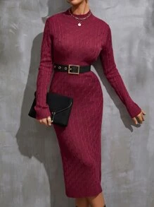 Modelyn 麻花編織立領不附腰帶毛衣裙 - 酒紅色 - 查看 1