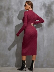 Modelyn 麻花編織立領不附腰帶毛衣裙 - 酒紅色 - 查看 2