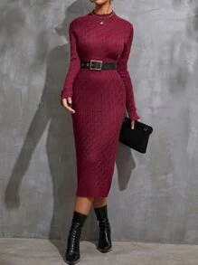 Modelyn 麻花編織立領不附腰帶毛衣裙 - 酒紅色 - 查看 3