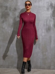 Modelyn 麻花編織立領不附腰帶毛衣裙 - 酒紅色 - 查看 5