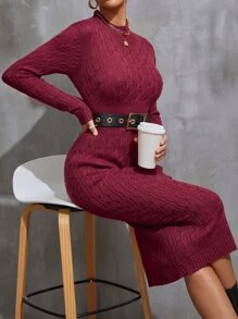 Modelyn 麻花編織立領不附腰帶毛衣裙 - 酒紅色 - 查看 7