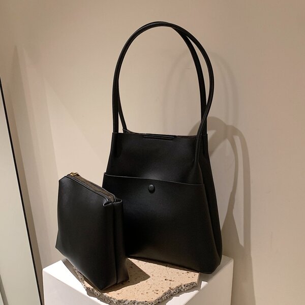 

Button Decor Shoulder Tote Bag With Inner Pouch, Black