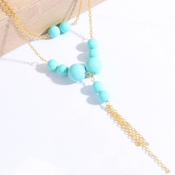 

18K Gold Plated Bead Decor Layered Necklace, Mint blue