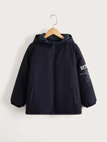 SHEIN Niños Abrigo con capucha con estampado de slogan cremallera