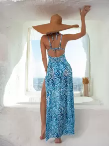 夏季 3 件装 全身印花微三角比基尼和罩衫 - 藍色 - 查看 2