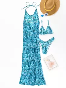夏季 3 件装 全身印花微三角比基尼和罩衫 - 藍色 - 查看 4