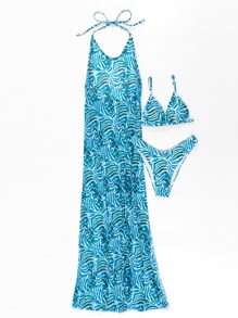 夏季 3 件装 全身印花微三角比基尼和罩衫 - 藍色 - 查看 5