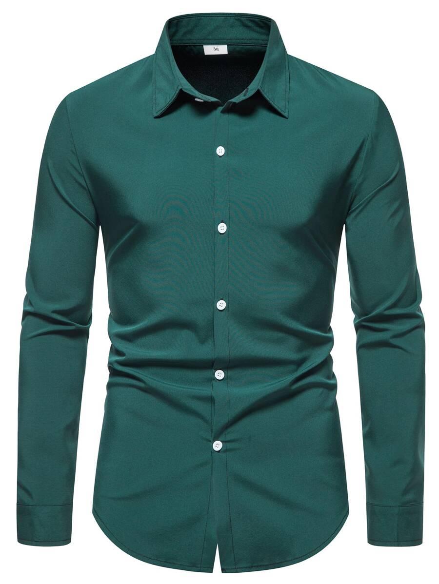 Manfinity Mode Hombres Camisa unicolor con cuello con botón - Verde Oscuro - Ver 1