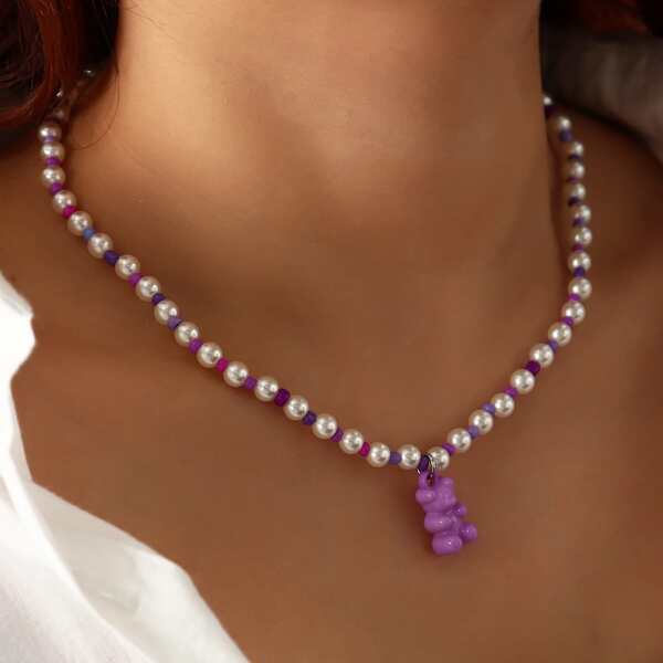 

Cartoon Bear Pendant Necklace, Purple