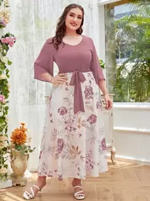 Modelyn Vestido-conjunto de talla grande con estampado floral y cierre delantero para mujer - Multicolor - Ver 1