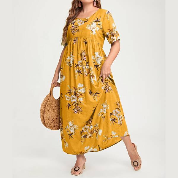 

Plus Floral Print Dress, Yellow