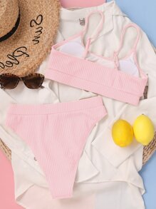 Plain Textured High Waisted Bikini Set, For Summer Beach Vacation - Baby Pink - View 2
