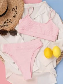 Plain Textured High Waisted Bikini Set, For Summer Beach Vacation - Baby Pink - View 3