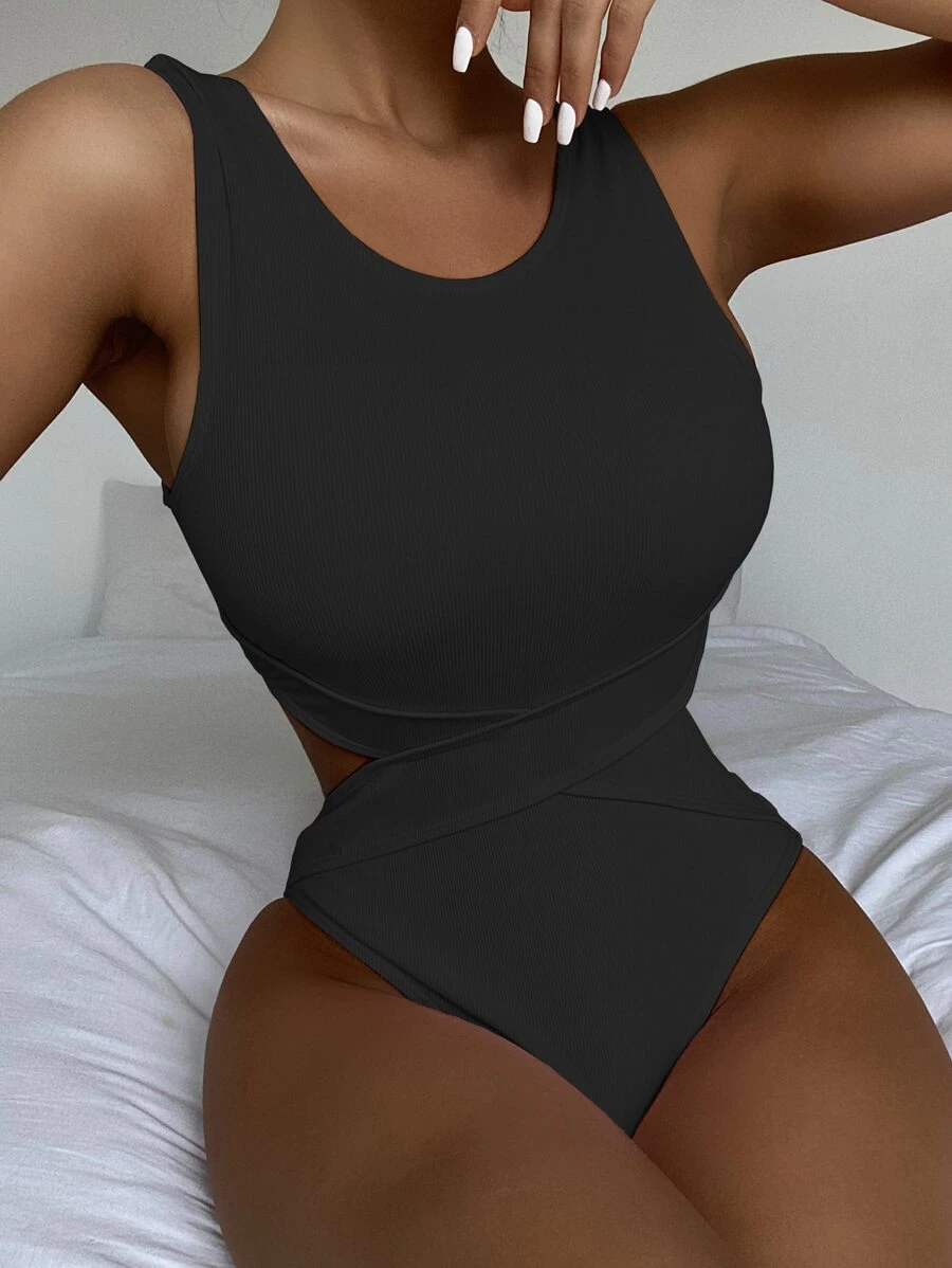 纯色镂空连体泳衣，适合夏季海滩度假 - 黑色 - 查看 1
