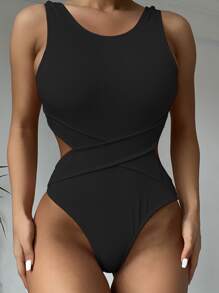 纯色镂空连体泳衣，适合夏季海滩度假 - 黑色 - 查看 5
