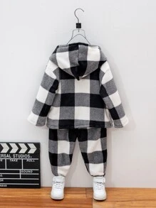 SHEIN 年輕男孩水牛格紋袋式法蘭絨連帽衛衣和褲子