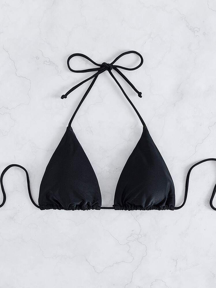 SHEIN Swim 素色掛脖比基尼上衣 - 黑色 - 查看 4