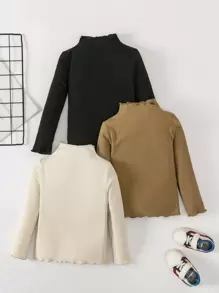 SHEIN Young Girl 3pcs Ribbed Knit Lettuce Trim Mock Neck Tee - Multicolor - View 1