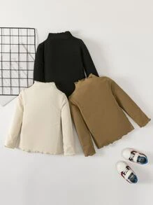 SHEIN Young Girl 3pcs Ribbed Knit Lettuce Trim Mock Neck Tee - Multicolor - View 2