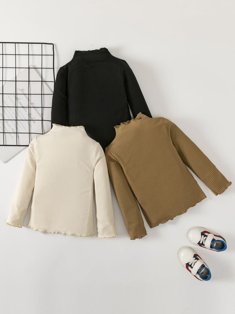 SHEIN Young Girl 3pcs Ribbed Knit Lettuce Trim Mock Neck Tee - Multicolor - View 2