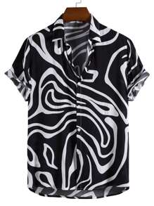 Manfinity Hombres Camisa con estampado al azar con estampado bajo irregular - Blanco y Negro - Ver 1